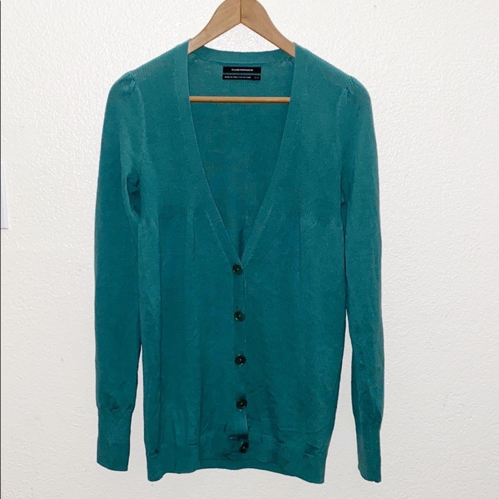 Club Monaco 100% Merino Wool Teal Ribbed Cardigan